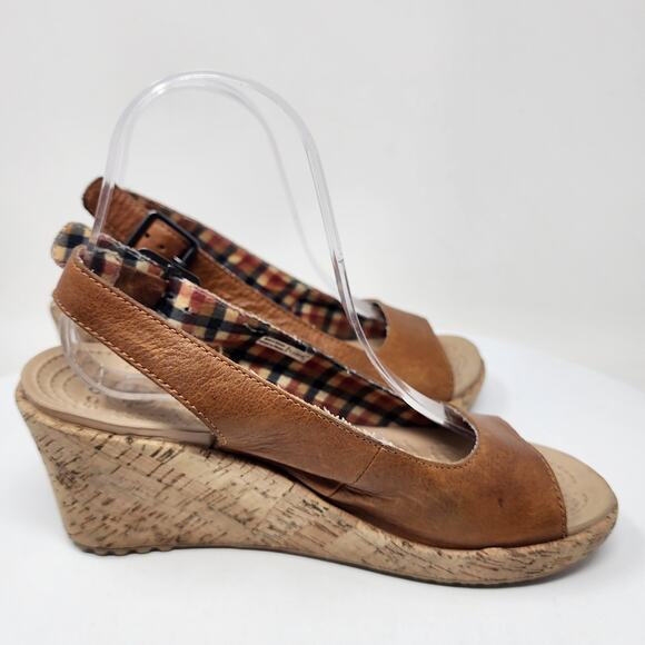 Crocs A-Leigh Slingback Wedge Sandals Women 7 Brown Leather Buckle Cork 11848 - Picture 8 of 11